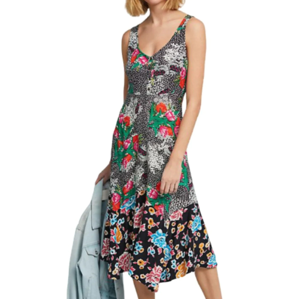 Maeve Anthropology Floral Sleeveless V-Neck A-Line Whimsy Preppy  Dress S4